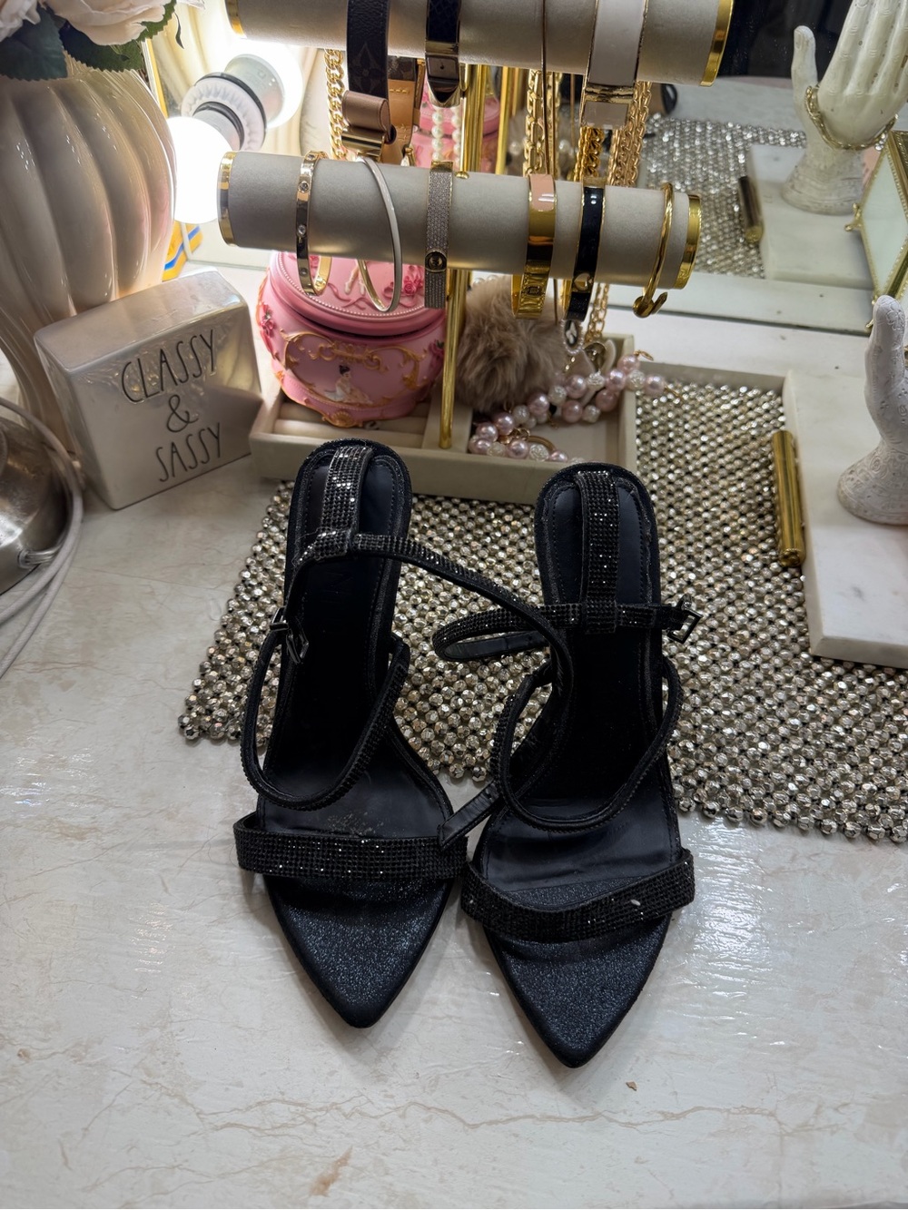Black Strappy Pointed-Toe Heels with Sparkle